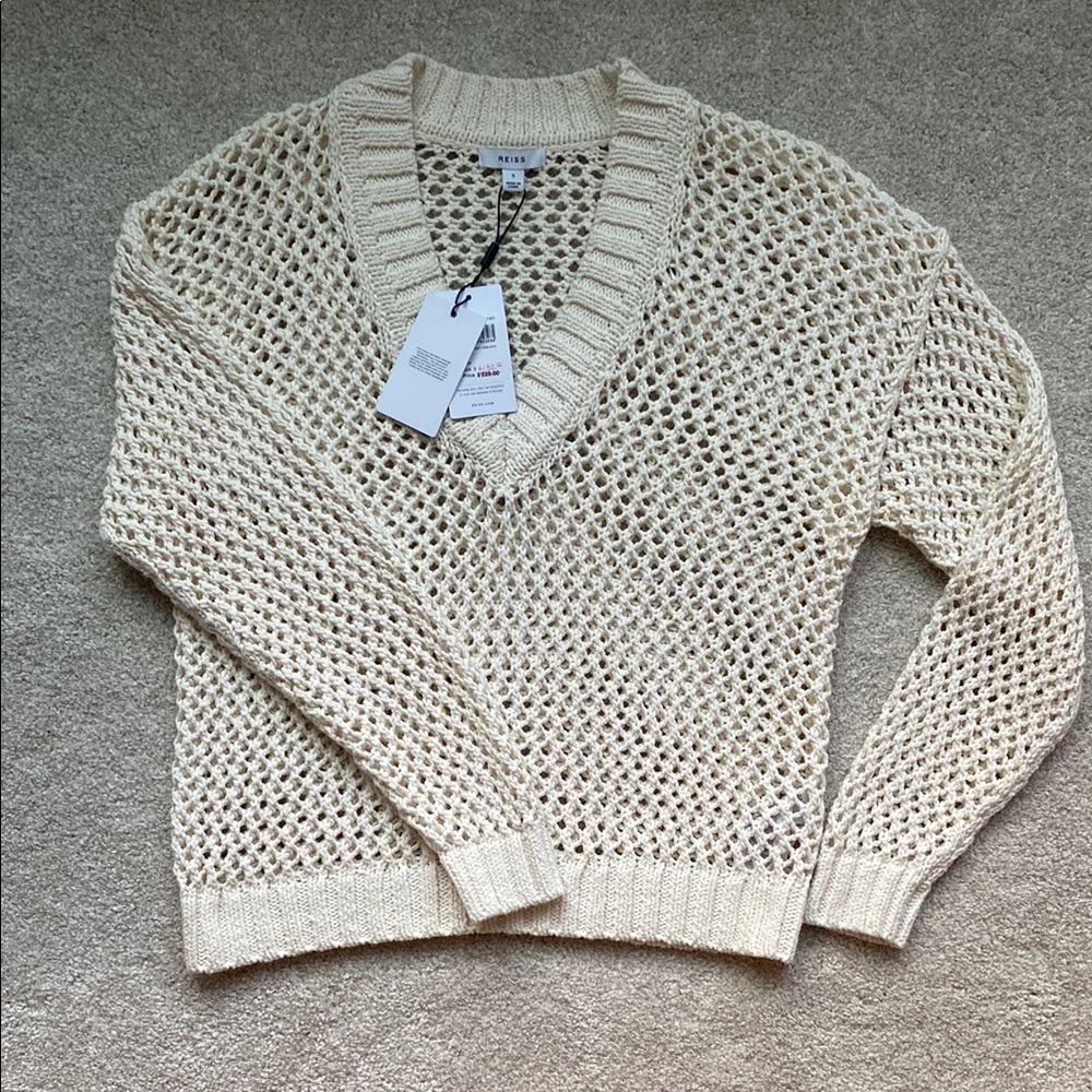 Reiss Cream Knit V-Neck Sweater